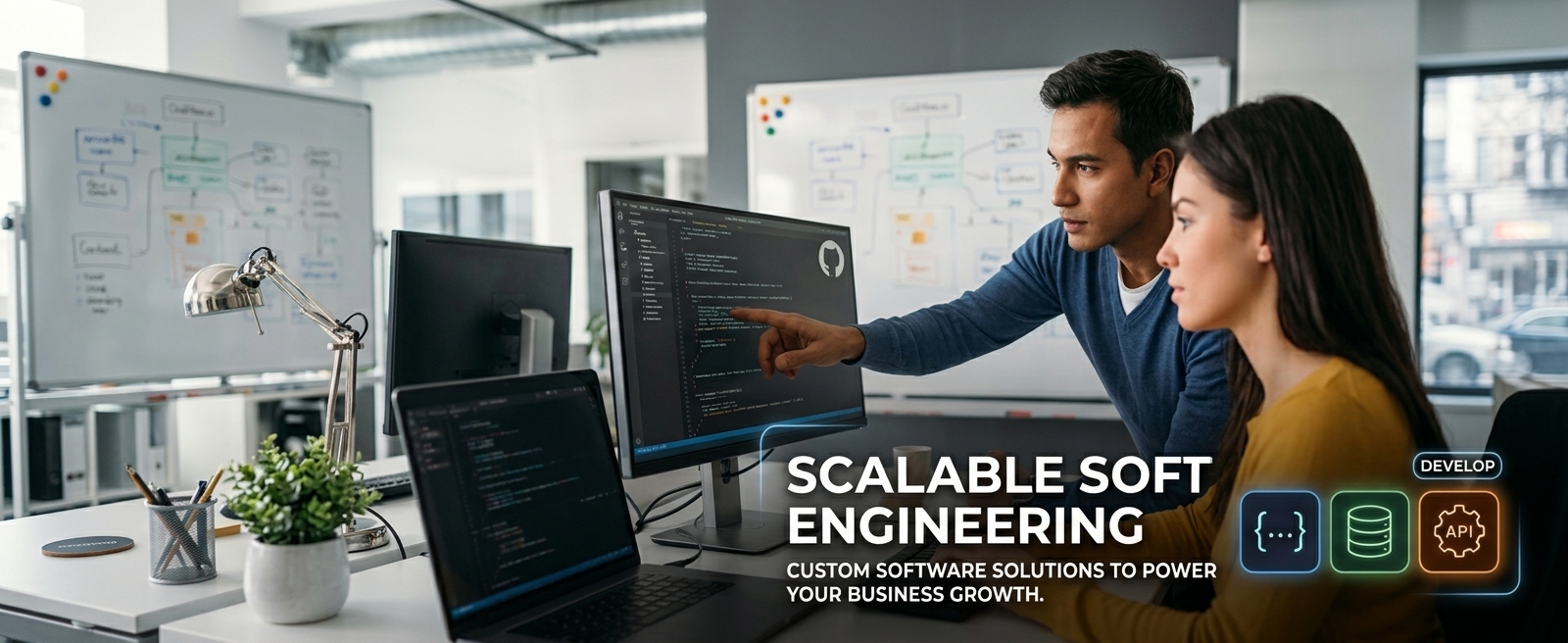 Scalable software engineering — two developers reviewing code on a monitor